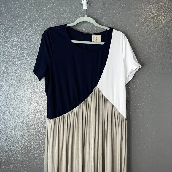 Flory Day Colorblock Maxi Dress Navy White Taupe Short Sleeve Women’s Size L - Picture 3 of 5